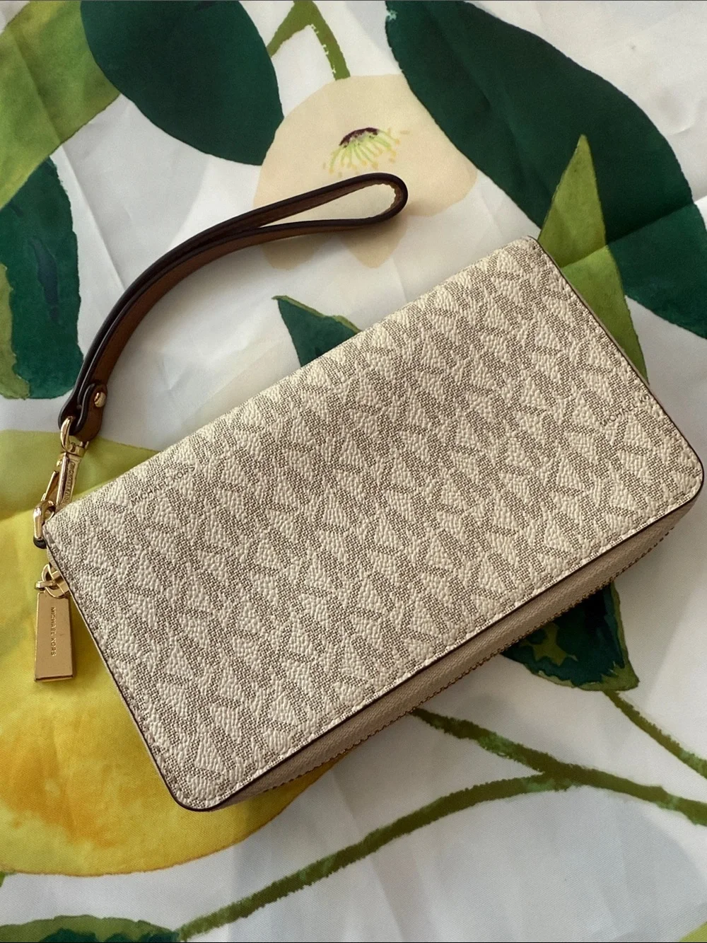 Michael Kors Beige Signature Zip Wristlet with Gold Hardware